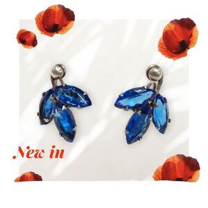 Vintage Blue Crystal Marquise Cut Solid Sterling Silver 925 Stud Earrings